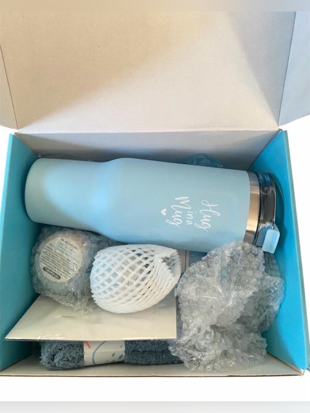 Blue Self Care Gift Box Set Tumbler Throw Candle Bath Bomb Socks